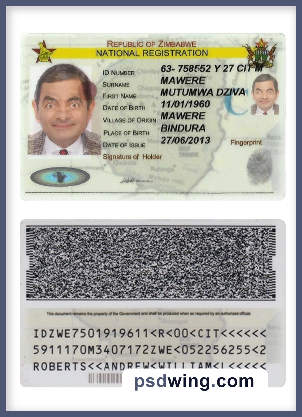 Zimbabwe National Registration ID Card